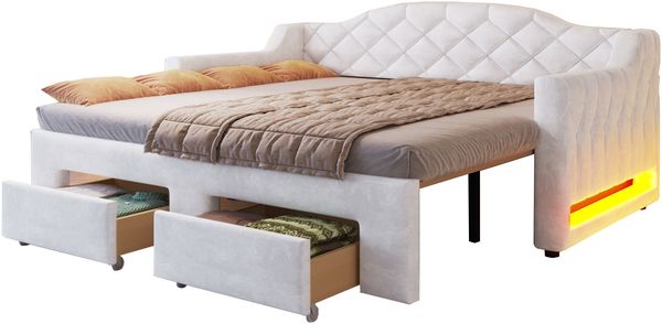 Gepolstertes Tagesbett (90x200 bis 180x200 cm) mit zwei Schubladen und LED-Beleuchtung,Weiß
