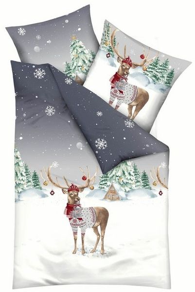 kaeppel Biber Bettwäsche 135x200 Weihnachtshirsch Winter Hirsch grau 0525-569 Bild 4