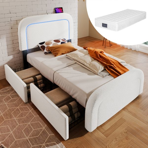 Polsterbett 90x200 cm mit Matratze, Sherpa-Bezug, USB-Anschluss, LED & 2 Schubladen, Weiß