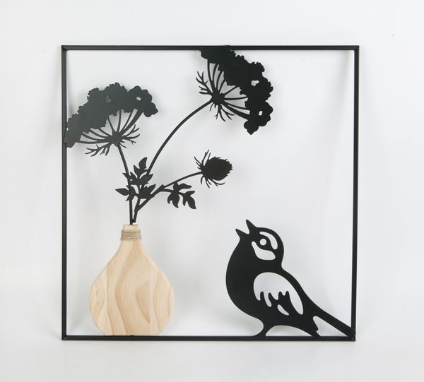 TrendLine Wandbild Metall Blumen mit Vogel 40 x 1 x 40 cm schwarz