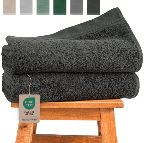 Hausfelder Handtücher Premium Duschtuch 2er Set (Anthrazit, 2 Duschtücher 70x140 cm), (Set, 2-St), Mit Aufhängeschlaufen, 100% Baumwolle, weich, saugfähig, Uni-Farben
