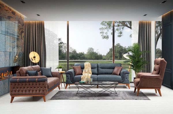Sitzgruppe/Sofa Set - Wohnzimmergarnitur "Mayflower" 3+3+1+1-Türkis/Braun