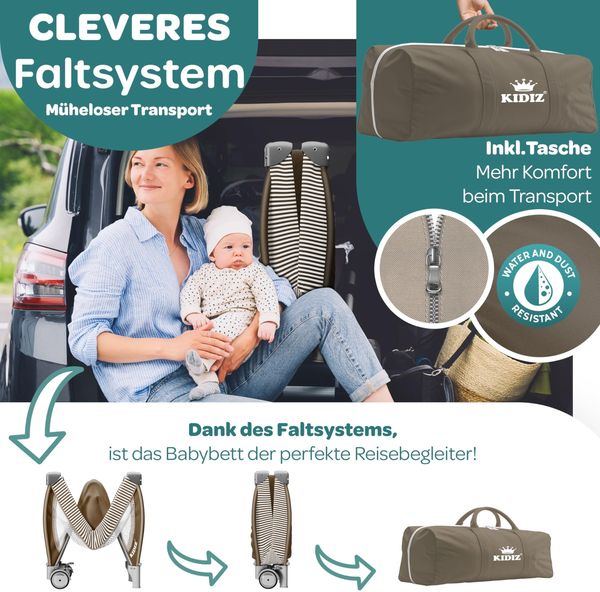 KIDIZ® Babybett Reisebett Kinderreisebett Faltbar mit Matratze 120x60, Seiteneingang, Wickelauflage, Mosktionetz, Spielbogen & Tragetasche Baby Beistellbett Kinderbett ab Geburt bis 15 kg Braun Bild 2