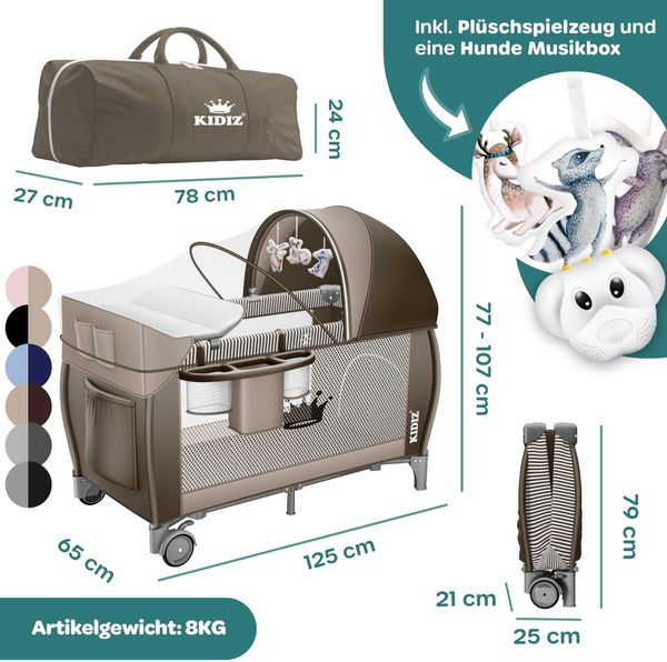 KIDIZ® Babybett Reisebett Kinderreisebett Faltbar mit Matratze 120x60, Seiteneingang, Wickelauflage, Mosktionetz, Spielbogen & Tragetasche Baby Beistellbett Kinderbett ab Geburt bis 15 kg Braun Bild 7