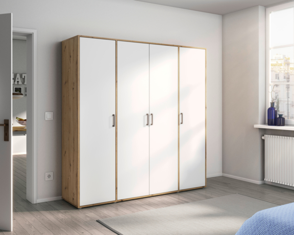 rauch Kleiderschrank; Drehtürenschrank VOYAGER, 4-türig, Alpinweiß/Eiche Artisan, 187x194x53xcm