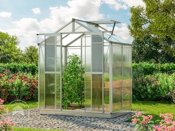 GFP Gewächshaus Picco 2 Alu-Rahmen 179 x 133 cm 6 mm Polycarbonat Platten - mit Fundamentrahmen & 1 automatischem Fensteröffner