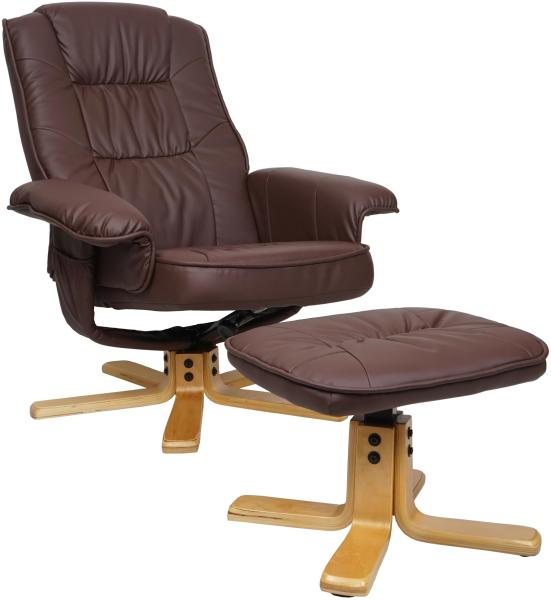 Relaxsessel M56, Fernsehsessel TV-Sessel mit Hocker Ottomane, Kunstleder Eukalyptus Holz FSC®-zertifiziert ~ rot-braun