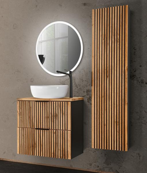 Badmöbel Set schwarz gerillt mit Waschtisch 60 cm, Hochschrank XANTEN-56 in anthrazit mit Eiche Nb, B/H/T: 110/200/46,5 cm