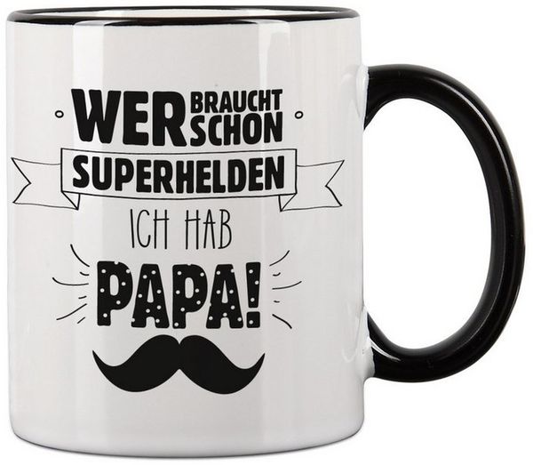 Herz & Heim Tasse für Papa als Geschenk zum Vatertag - Spruchtasse für Väter "Superheld", Keramik, mit Aufdruck, schwarzer Rand & Henkel