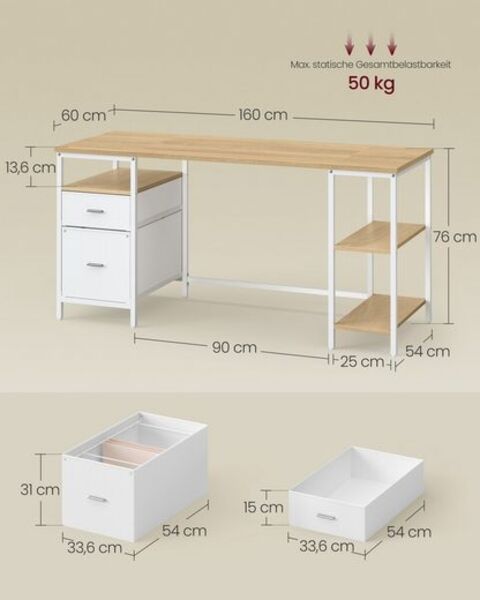 VASAGLE Schreibtisch mit 3 Ablagen, Bürotisch mit 2 Schubladen, 160 x 60 x 76 cm, moderner Stil, eichenfarben-weiß Bild 5