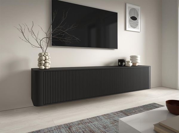 TV-Schrank Hängende RTV Kommode 200 cm Misterio mit Lamellen, abgerundeten Seiten und 3 Schränke - Schwarz, 42 x 40 x 200 cm