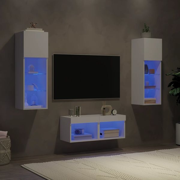 vidaXL 4-tlg. TV-Wohnwand mit LED-Leuchten Weiß 3216576