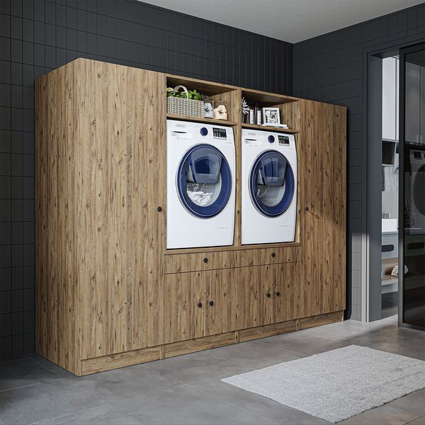 Roomart Schrankwand für Waschküche & Hauswirtschaftsraum - SERIE 1 - 254 cm breit – Waschmaschinen-Umbau & Stauraumschrank mit Ausziehbrett • Eiche
