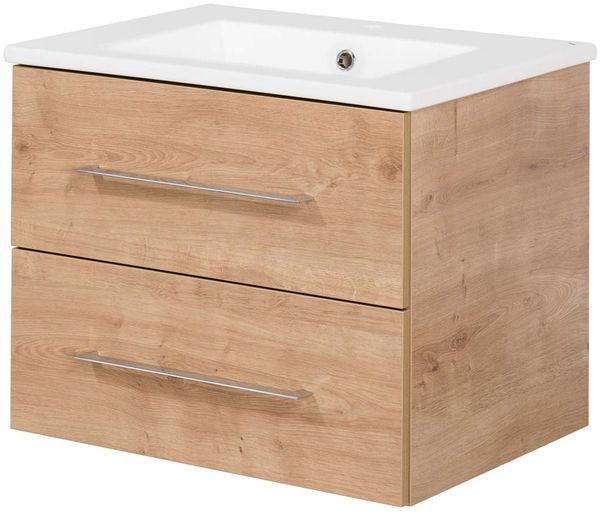 FACKELMANN B.PERFEKT Waschbecken mit Unterschrank 62 cm breit, Braun hell, Waschbecken Keramik Weiß