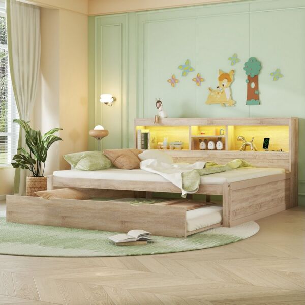 Merax Daybett 140x200cm mit Ausziehbett 90x190cm, Schlafsofa Tagesbett mit LED- Beleuchtung und Staufach