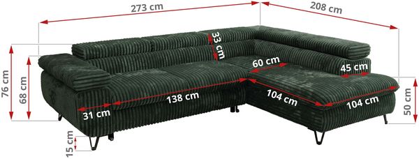 MKS Möbel 'Pablo L-Form' Ecksofa mit Schlaffunktion, verstellbare Kopfstützen, Grün, Cordstoff, ohne Topper, Links Bild 7