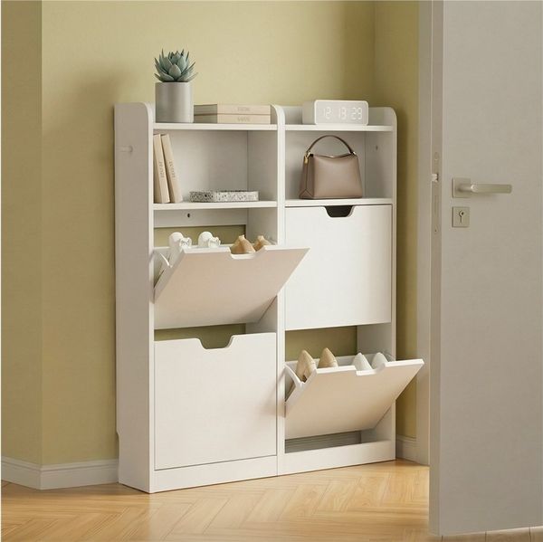 Yaheetech Schuhschrank Schmaler Schuhregal mit 4 Klappen & 2 Ablagefächern & 2 Haken, 100 × 17 × 108,5 cm