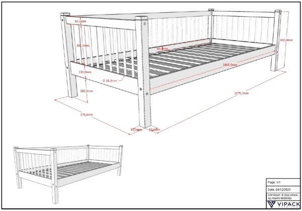 Einzelbett >Buche Massiv< Rollrost, 90x200cm, Buche massiv weiß lackiert - 207,5x68x97,5 (BxHxT) Bild 5