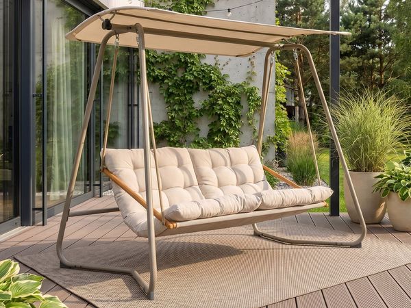 Beautysofa Hollywoodschaukel GARDA Beige Gartenschaukel mit Sonnendach, 2-Sitzer, Stahlrahmen, Schaukelbank für Garten Terrasse Balkon, Breite: 214 cm