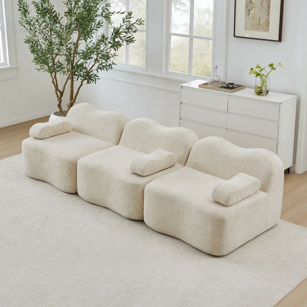 Wohnzimmer-Sofa 70cm×288cm×98cm 3-Sitzer modular in Beige – rahmenloses Sofa mit Samtbezug und tiefer Sitzfläche