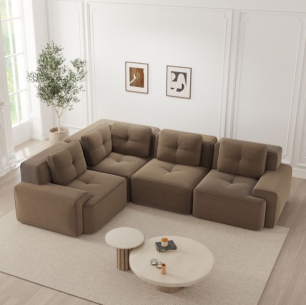 Modulares 4-Sitzer-Sofa, Cord, rahmenlos, mit 104 cm Tiefe & rutschfestem Design, 382 x 104 x 69 cm, Braun