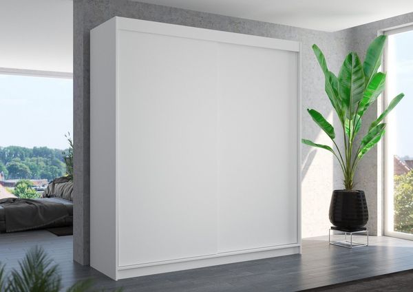 MOEBLO Schiebetürenschrank TALBACH 200 (2-türig, 11 Einlegeböden & Kleiderstange, Aluminium-Schiebetüren, 200 cm, Farben: Weiß oder Kaschmir Schwebetürenschrank Schrank Garderobe Schiebtüren Schlafzimmer) (BxHxT): 200 x 215 x 58 cm
