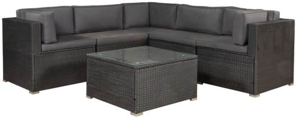 Juskys Polyrattan Lounge Nassau wetterfest – Gartenmöbel Set mit Ecksofa, Tisch & Auflagen - Gartenlounge für 5 Personen – Sitzgruppe Schwarz-Grau