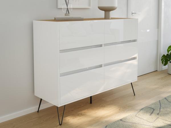 Sideboard Kommode Volo 120cm Greifraum 6 SoftClose Schubladen Weiß/Eiche Top : Weiss hochglanz / Oak Gold