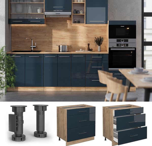 Küchenunterschrank Fame-Line Dunkelblau Hochglanz 80 cm mit 3 Schubladen, ohne Arbeitsplatte Vicco Bild 2