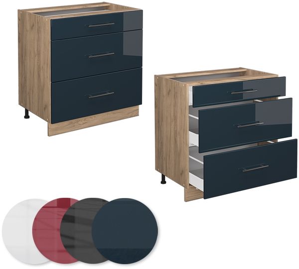 Küchenunterschrank Fame-Line Dunkelblau Hochglanz 80 cm mit 3 Schubladen, ohne Arbeitsplatte Vicco Bild 5