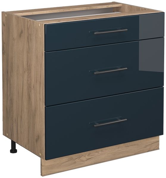 Küchenunterschrank Fame-Line Dunkelblau Hochglanz 80 cm mit 3 Schubladen, ohne Arbeitsplatte Vicco