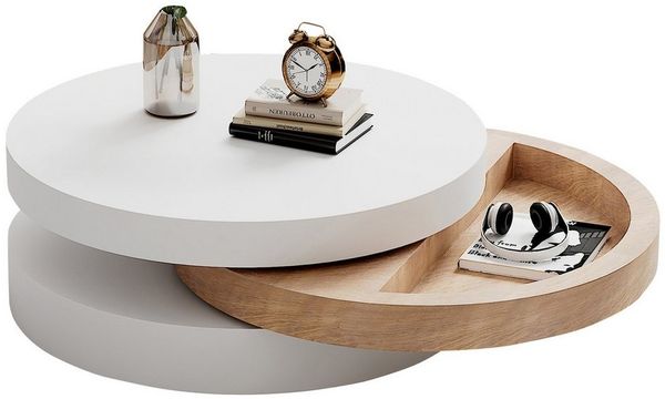 Merax Couchtisch drehbarer Sofatisch Zylindrisch Beistelltisch in Weiß & Holzoptik (Kaffeetisch, 1-St, 60 x 60 x 35,1 cm), Wohnzimmertisch mit 3 Ebenen, Stauraum und 360°-Schwenkfunktion