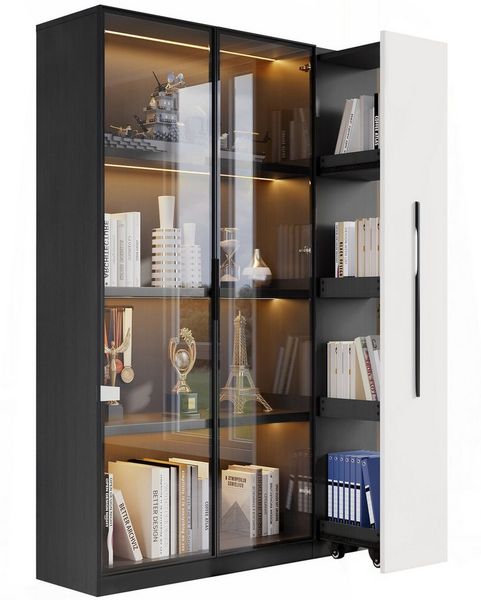 OKWISH Vitrine Bücherregal, Design in Weiß und Schwarz (Badezimmerschrä,Esszimmerschrank, 1-St, 160 cm hoch) mit Glastür und LED, Seitenauszug