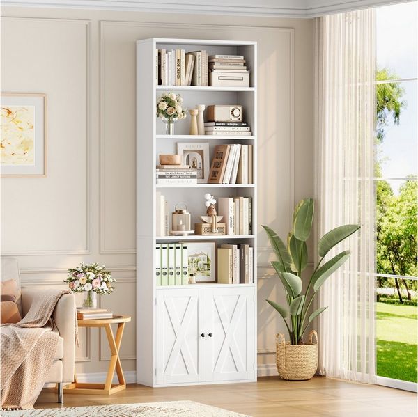 Homfa Bücherregal Standregal Büroregal Bücherschrank, mit 5 offenen Fächern und 2 Türen, verstellbares Regal, 60x23,5x209cm