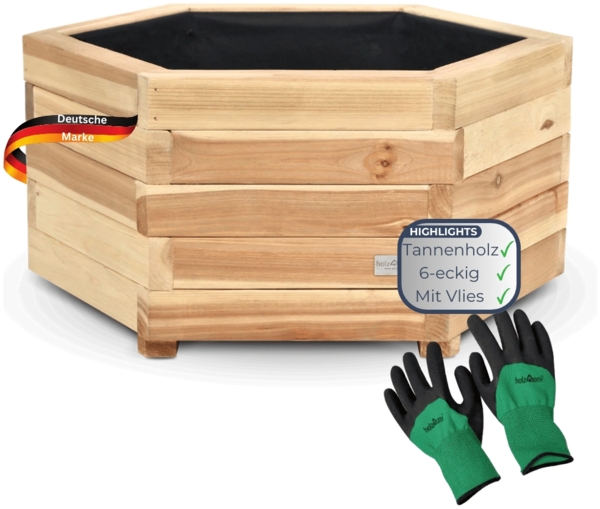 Pflanzkasten Holz 6-eckig MICHA - Inkl. Vlies und Handschuhe | Pflanzkübel Tannenholz Blumenkasten Blumenkübel Blumentopf Terrasse, 54,5cm Breit