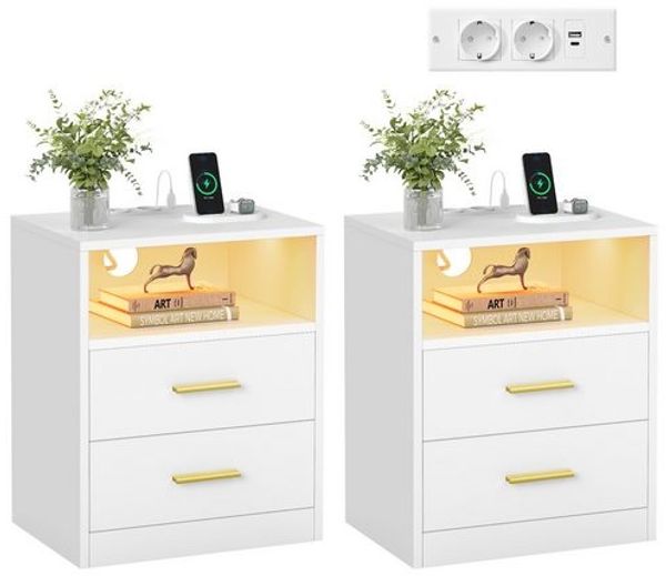 VASAGLE Beistelltisch mit Schubladen, 2er Set, Nachttisch aus Holz, Schlafzimmer, Massivholzbeine, weiß
