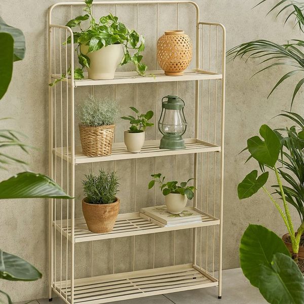 Koopman Blumenständer Pflanzenregal Blumenregal 118x58 cm Beige Metall Klappbar (1 St), Pflanzenregal, Topfregal, Blumenregal, 3 Ebenen, Pflanzen