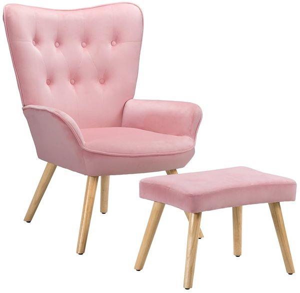 BAKAJI Sessel mit Hocker, Sessel mit Pouf, Fußstütze für Wohnzimmer, gepolsterter Schlafzimmerstuhl mit weichem Samtbezug, hohe Armlehnen, modernes Design (Rosa)