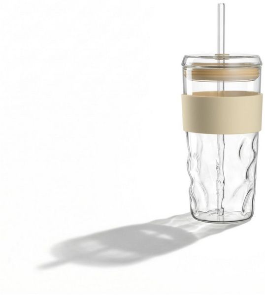 LEONARDO Coffee-to-go-Becher LEONARDO X MICHI VON WANT, Glas, Silikon, 500 ml, ToGo-Glas, Mulden-Griff, inkl. Trinkhalm, vanilla Silikonband