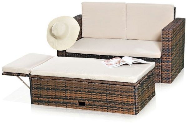 Feel2Home Garten-Essgruppe Gartensofa Fußbank Lounge Polyrattan Outdoor Garnitur versch. Farben, (Set, Sofa & Ottomane), Kissen inkl. Reißverschluss daher abnehm- und waschbar