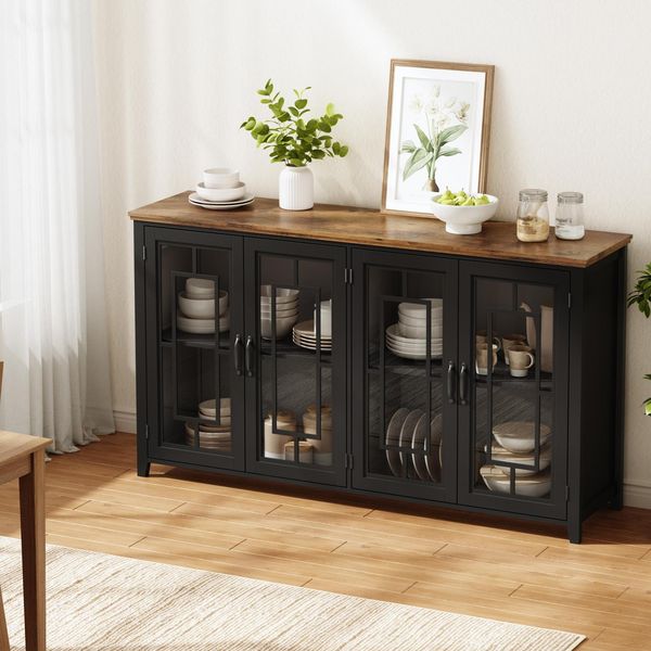 Merax 160cm Küchen-Sideboard mit Glastüren, einem geräumigen Staufach, einer Arbeitsplatte in Holzoptik und einer Kippsicherung, Schwarz