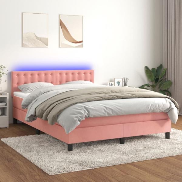 vidaXL Boxspringbett mit Matratze & LED Rosa 140x200 cm Samt 3134650