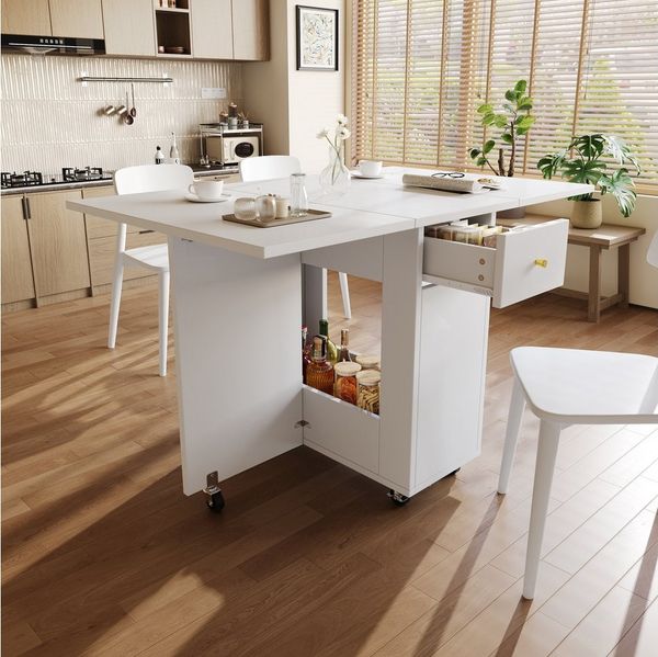 OKWISH Esstisch 120x75x75 cm mit klappbaren Platten & Schubladen – Weiß (Packung, 1-St, Mobile Küchenfläche in Weiß, ideal für Wohn- & Esszimmer), 2 Schubladen & offener Stauraum, Rollen mit Bremse