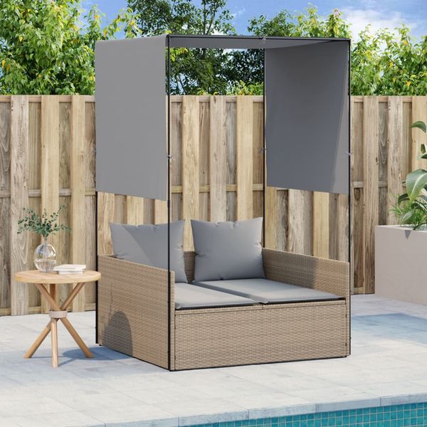Doppel-Sonnenliege, Gartenliege mit Dach und Vorhängen Beige Poly Rattan