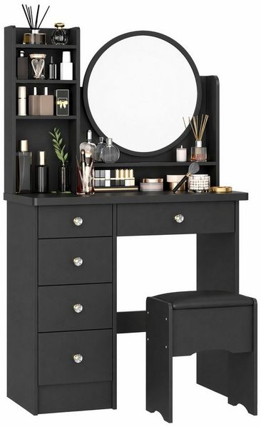 FUFU&GAGA Schminktisch mit LED und Hocker, 5 Schubladen, 80 cm