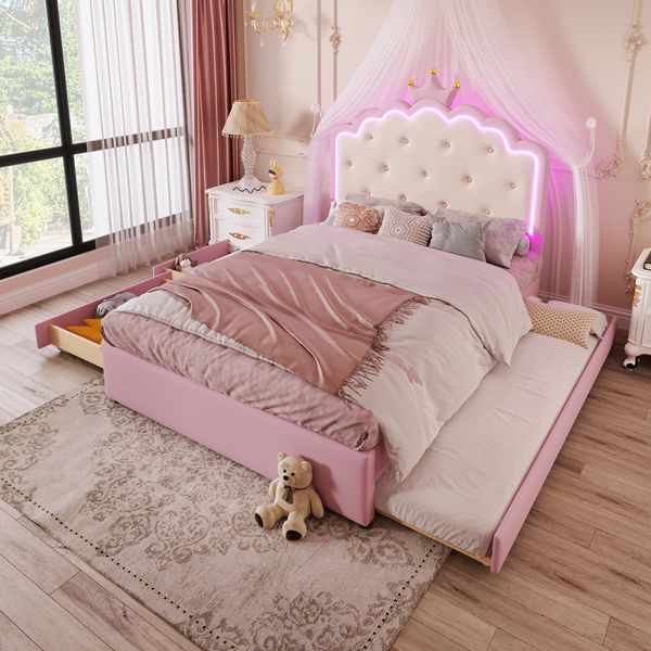 Polsterbett 140x200 cm aus PU mit Ausziehbett und LED-Beleuchtung – Prinzessinnen-Design, mit Lattenrost