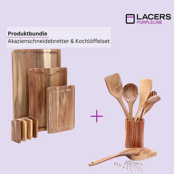 Lacers Schneidebrett Schneidebretter 4-teilig & 14-teiliges Kochlöffel-Set aus Akazienholz, (2-St), nachhaltig, langlebig, widerstandfähig, hitzebeständig, messerschonend