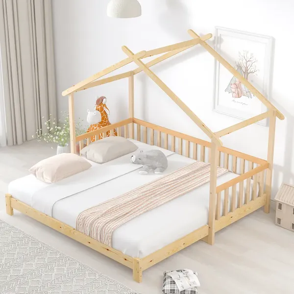 Kinderbett mit Ausziehbett und Lattenrost, 90x200cm/180x200cm, Liegefläche ausziehbar, Hausbett, Kiefer
