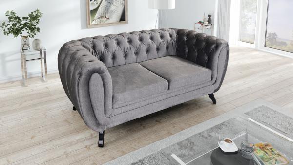 Edles Chesterfield Sofa 2 Sitzer Velours grau Couch Polstersofa Wohnlandschaft