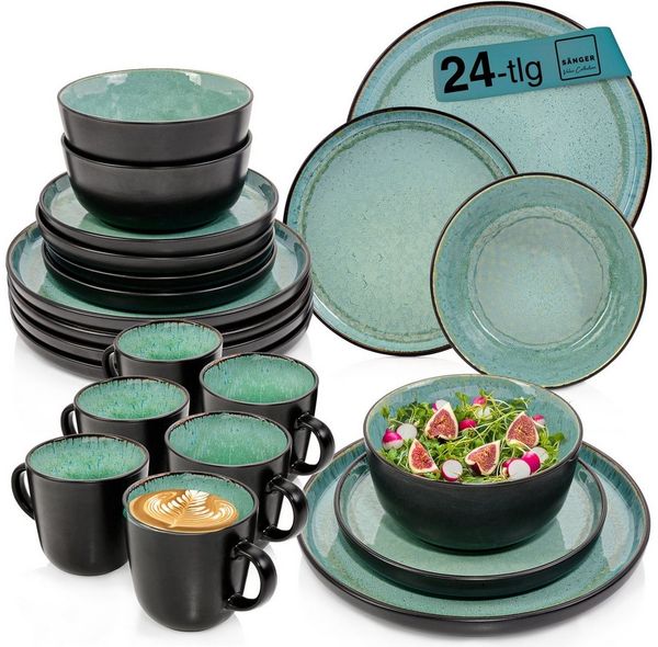 SÄNGER Tafelservice Fiji Geschirrset, Grün Schwarz (24-tlg), 6 Personen, Steingut, Handmade, Erweiterbar, VALUE COLLECTION
